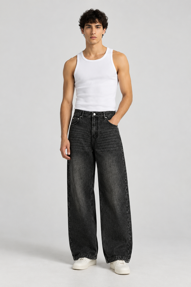 Acid Wash Charcoal Baggy Jeans (Unisex) Hover Image